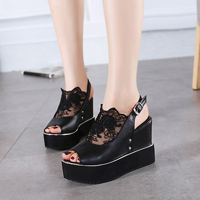  Women's Shoes Leatherette Wedge Heel Peep Toe Sandals Dress Black / White