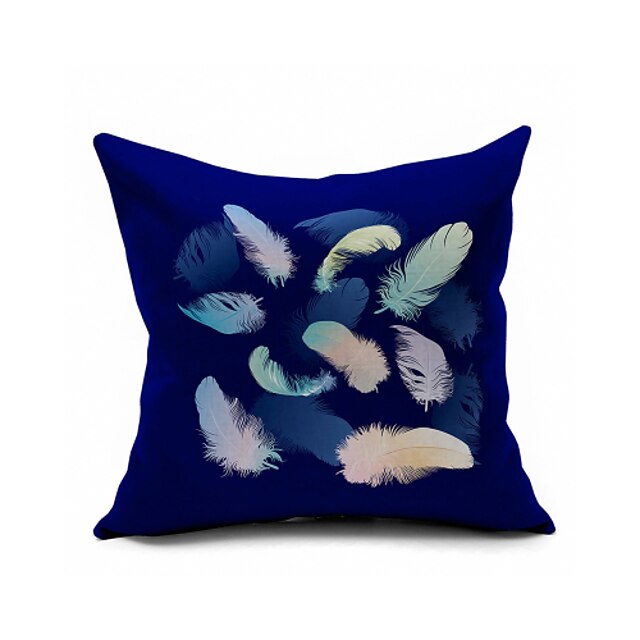  Navy Blue Peacock Feather Cotton/Linen Pillow Cover , Nature Modern/Contemporary  Pillow Linen Cushion
