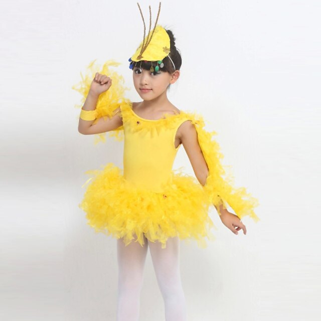  הופעות שמלות בגדי ריקוד ילדים ביצועים כותנה ספנדקס נוצות / פרווה 2 חלקים בלי שרוולים גבוה שמלה אביזרים לשיער