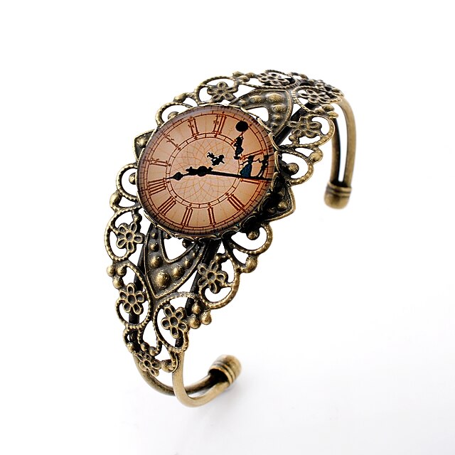  Lureme® Vintage Jewelry Time Gem Series Clock with Dancer Antique Bronze Hollow Flower Open Bangle Bracelet for Women