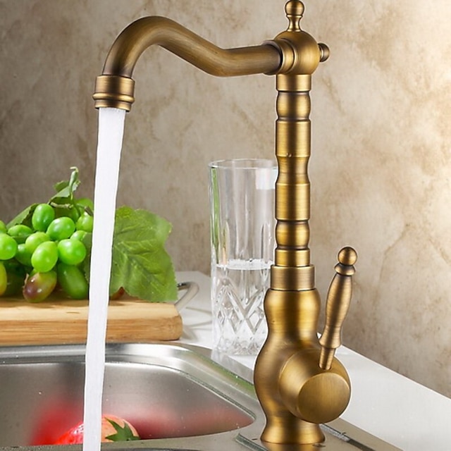  Kitchen Faucet,Antique Brass Deck Mounted One Hole Standard Spout Rotatable Kitchen Taps with Hot and Cold Switch