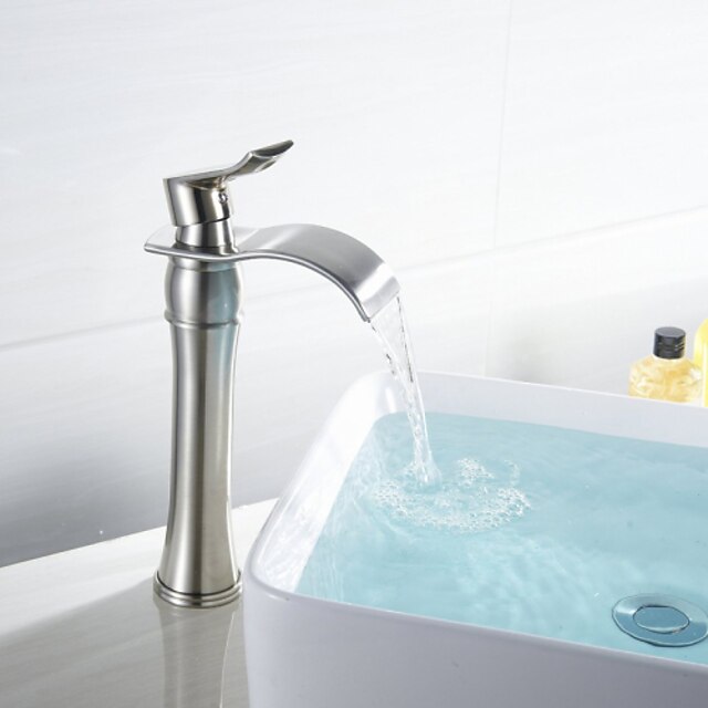  Μπάνιο βρύση νεροχύτη - Καταρράκτης Βουρτσισμένο Νικέλιο Δοχείο Ενιαία Χειριστείτε μια τρύπαBath Taps