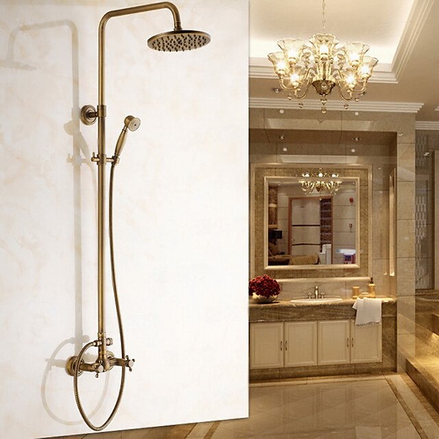  Shower System Set - Rainfall Antique Antique Brass Wall Mounted Ceramic Valve Bath Shower Mixer Taps / Two Handles Two Holes