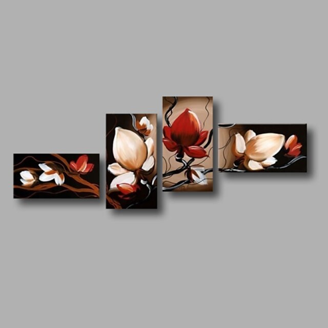  Hang-Painted Oliemaleri Hånd malede - Blomstret / Botanisk Moderne Lærred / Fire Paneler / Stretched Canvas