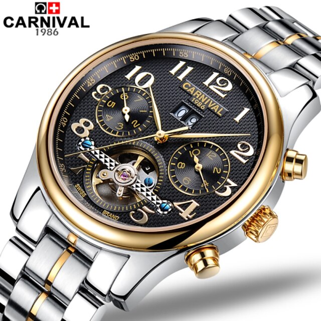  Carnival Men's Skeleton Watch Automatic self-winding Hollow Engraving Stainless Steel Band White Gold