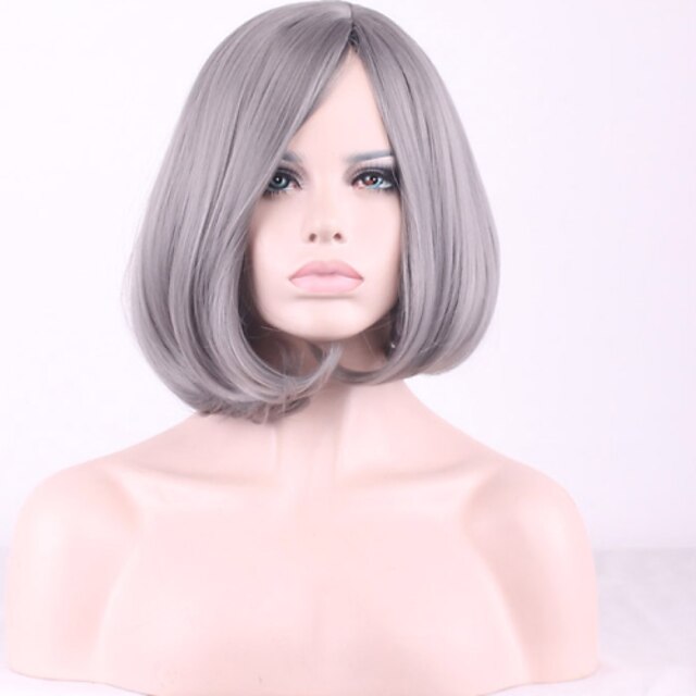  Synthetic Wig Straight Straight Bob With Bangs Wig Short Grey Synthetic Hair Women's Middle Part Bob Gray