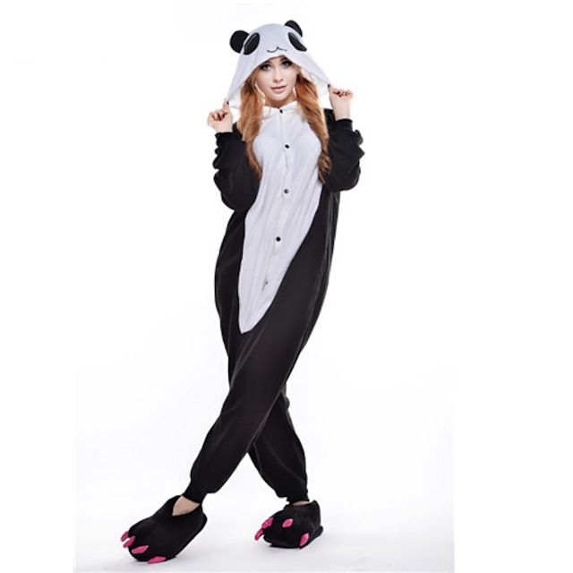  Adulți Pijama Kigurumi Panda Animal Pijama Întreagă Lână polară Negru Cosplay Pentru Bărbați și femei Sleepwear Pentru Animale Desen animat Festival / Sărbătoare Costume