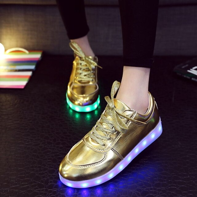  Feminino Masculino Sapatos Courino Primavera Verão Outono Tênis com LED Sem Salto Cadarço para Atlético Casual Prata Dourado