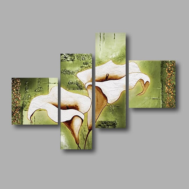  ציור שמן צבוע-Hang מצויר ביד - פרחוני / בוטני מודרני כלול מסגרת פנימית / ארבעה פנלים / בד מתוח