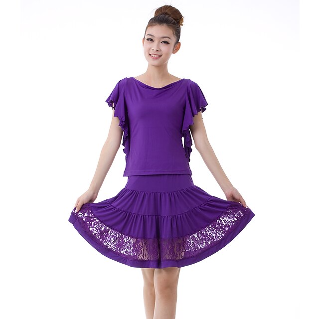  Latin Dance Outfits Women's Training Lace / Milk Fiber Lace / Pleated 2 Pieces Short Sleeve Natural Skirt / Top
