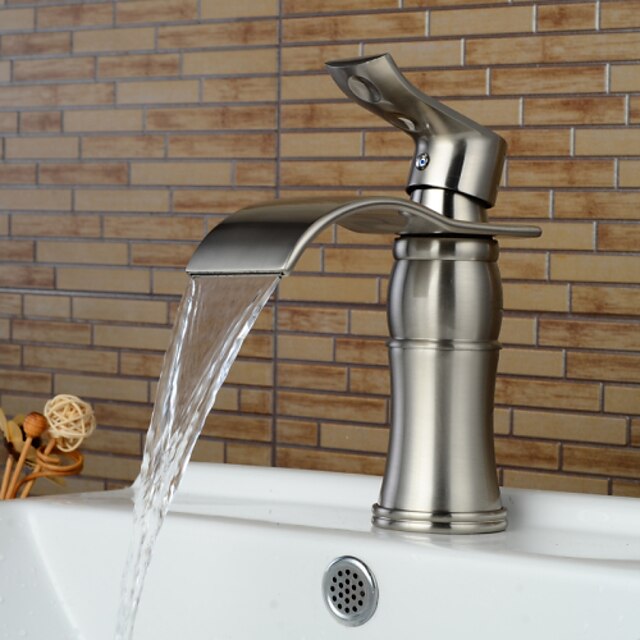  Bathroom Sink Faucet - Waterfall Nickel Brushed Centerset Single Handle One HoleBath Taps