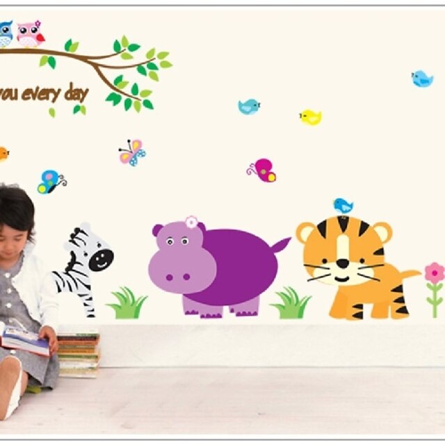  Cartoon Jungle Wild Animal Wall Stickers For Kids Rooms Home Decor Lion Giraffe Elephant Birds Living Room Pvc Decals