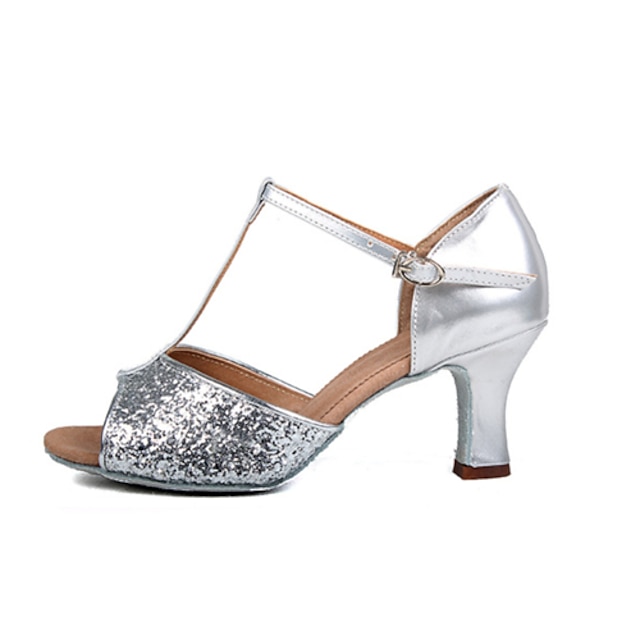  Pentru femei Încălțăminte latină Antrenament Pantofi Spumante Călcâi Strălucire Toc Cubanez Buclă Argintiu Auriu
