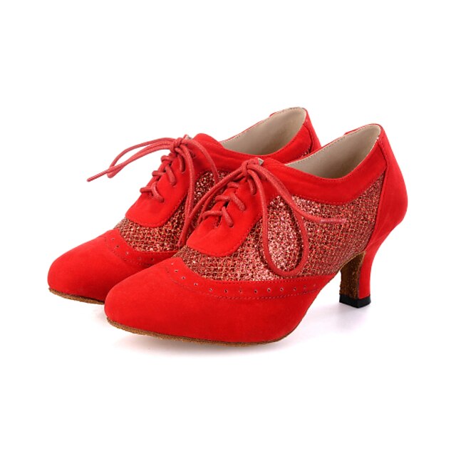  Mulheres Sapatos de Dança Moderna Flocagem / Glitter Salto / Têni Gliter com Brilho / Cadarço Salto Carretel Personalizável Sapatos de Dança Preto / Vermelho / Fúcsia / Espetáculo / Couro