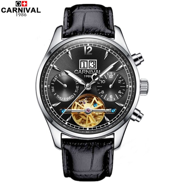  Carnival Men's Skeleton Watch Hollow Engraving Automatic self-winding Leather Band Black