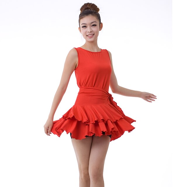  Latin Dance Dresses Women's Training Milk Fiber Draping Ruffles Sleeveless Natural Dress Shorts