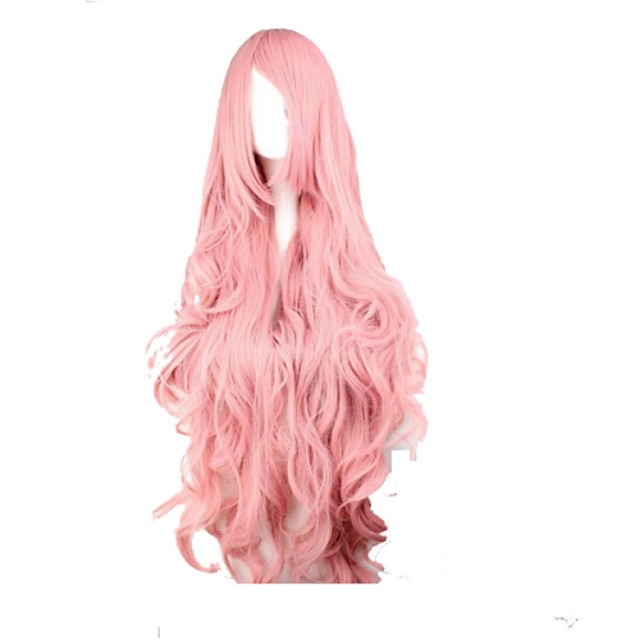  cosplay traje peluca peluca sintética cosplay peluca ondulada onda suelta kardashian onda suelta con flequillo peluca rosa muy larga pelo sintético rosa parte lateral de las mujeres rosa peluca de