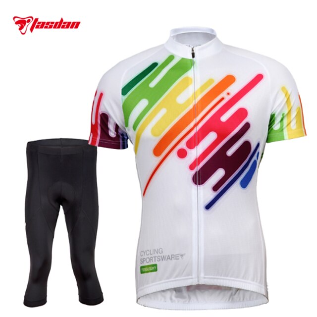  TASDAN Men's Short Sleeve Cycling Jersey with Tights Summer Nylon Polyester White Bike Shorts Jersey Tights Breathable 3D Pad Quick Dry Reflective Strips Back Pocket Sports Mountain Bike MTB Road