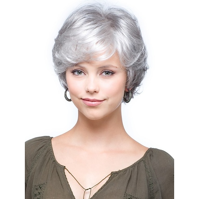  100th day of school costume Gray Wigs for Women Grey Wig Old Lady Wig Synthetic Wig Curly with Bangs Wig Short Silver Synthetic Hair Side Part with Bangs Gray