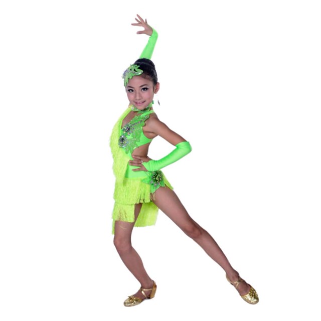  Latin Dance Dress Tassel Crystals / Rhinestones Performance Sleeveless High Spandex Cotton