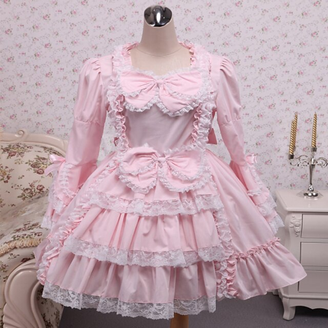  Princesa Sweet Lolita vestido de férias Vestidos Mulheres Para Meninas Renda Algodão Japanês Fantasias de Cosplay Rosa Sólido Manga Longa Comprimento Curto