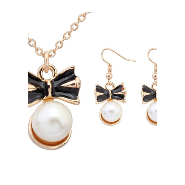  Women European Style Bow Tie Imitation Pearl Necklace Earrings Sets