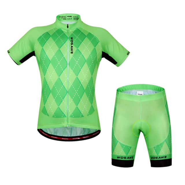  WOSAWE Manșon scurt Jerseu Cycling cu Pantaloni Scurți Elastan Verde / Negru Bicicletă Pantaloni scurți Jerseu Costume Respirabil 3D Pad Uscare rapidă Design Anatomic Dungi reflectorizante Sport