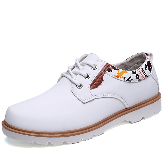  Men's Shoes Leather Winter Spring Summer Fall Comfort Flat Heel Lace-up for Casual White Black Brown Blue