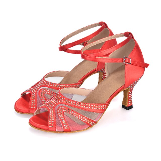  Women's Latin Shoes Salsa Shoes Sandal Heel Rhinestone Buckle Flared Heel Black Red Purple Buckle