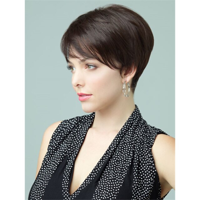  100% Natural Peruca Curto Liso Corte Pixie Com Franjas Estilo Parte lateral Sem Touca Mulheres Preto 8 polegadas / Reto