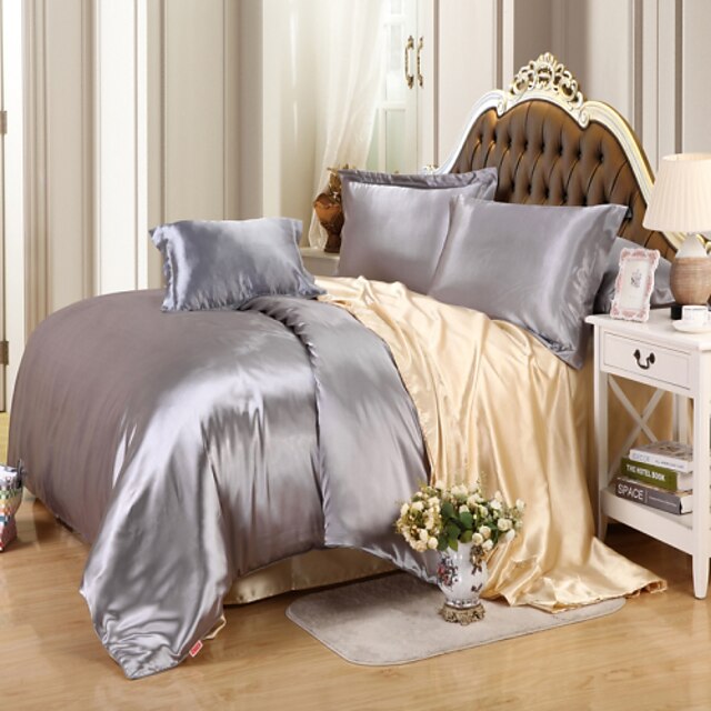  Bettbezug-Sets 4 Stück Seidenimitat Solide Grau Reaktivdruck solide / 4-teilig (1 Bettbezug, 1 Bettlaken, 2 Kissenbezüge)