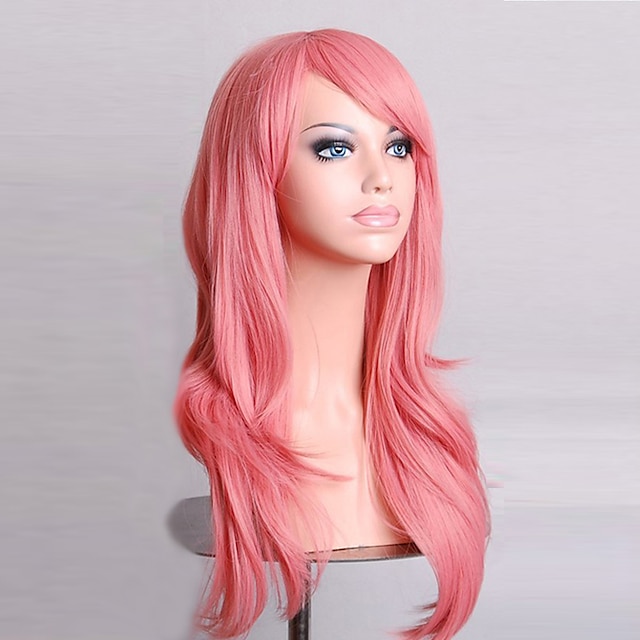  Synteettiset peruukit Kihara Luonnolliset aaltoilevat Kardashian Tyyli Epäsymmetrinen leikkaus Peruukki Vaaleanpunainen Pinkki Synteettiset hiukset Naisten Luonnollinen hiusviiva Vaaleanpunainen