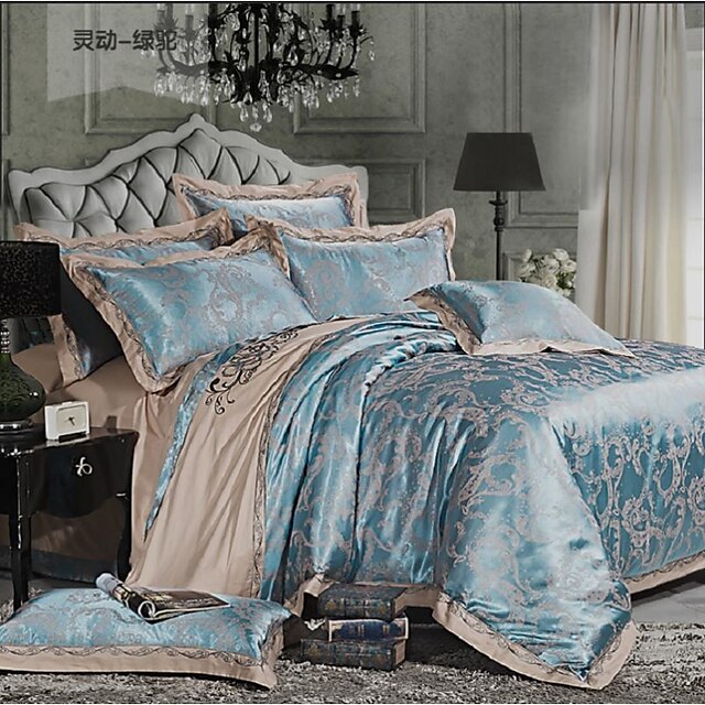  Duvet Cover Sets 4 Piece Cotton Floral Blue Jacquard Luxury / 400