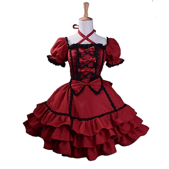  Princess Gothic Lolita Vacation Dress Dress Women's Girls' Cotton Japanese Cosplay Costumes Plus Size Customized Red Ball Gown Patchwork Puff Balloon Sleeve Short Sleeve Mini