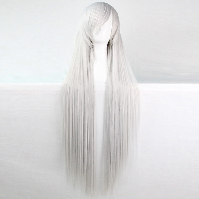  perucă costum de cosplay perucă sintetică perucă cosplay dreaptă kardashian perucă dreaptă asimetrică păr lung argintiu păr sintetic linia părului natural pentru femei alb argintiu