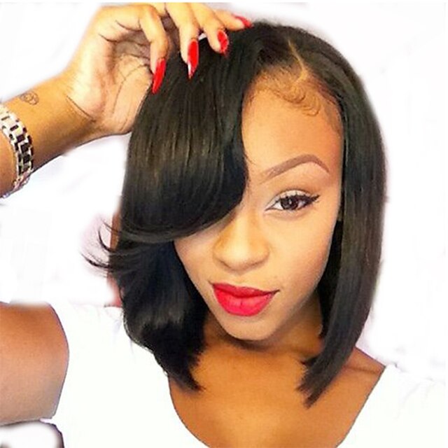  Human Hair Glueless Full Lace Full Lace Wig Bob Side bangs style Brazilian Hair Straight Wig 130% Density with Baby Hair Natural Hairline African American Wig 100% Hand Tied Women's Short Medium