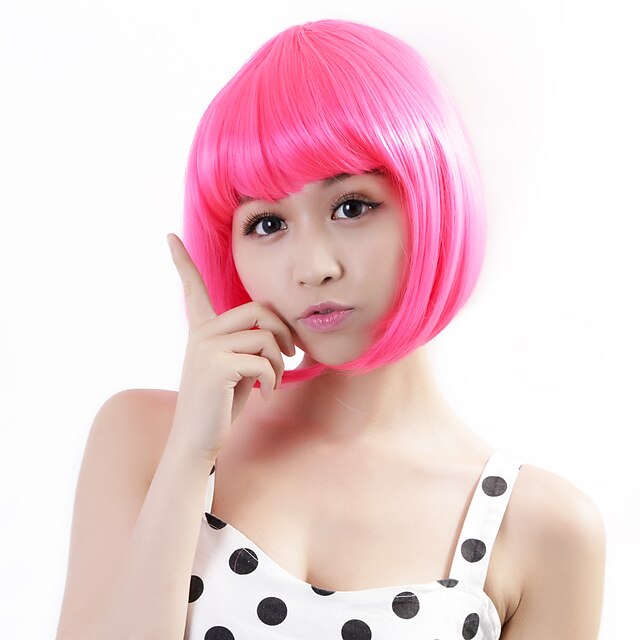  Perruque Synthétique Droit Droite Bob Coupe Carré Perruque Rose Rose Cheveux Synthétiques Femme Rose Neitsi