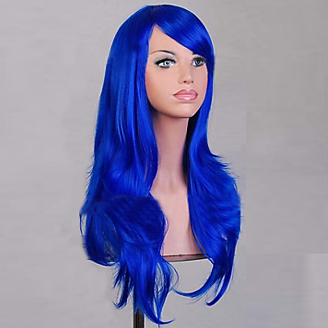  Perucas de Cosplay Perucas sintéticas Encaracolado Ondulado Natural Ondulado Natural Corte Assimétrico Peruca Médio Longo Azul Cabelo Sintético Mulheres Riscas Naturais Azul