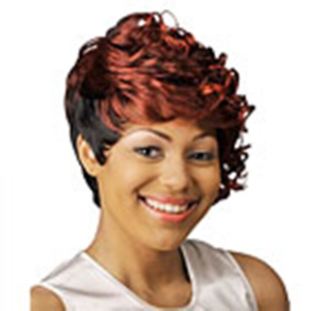  Synteettiset peruukit Kihara Tyyli Suojuksettomat Peruukki Punainen viini Synteettiset hiukset Naisten Punainen Peruukki Lyhyt hairjoy musta Wig