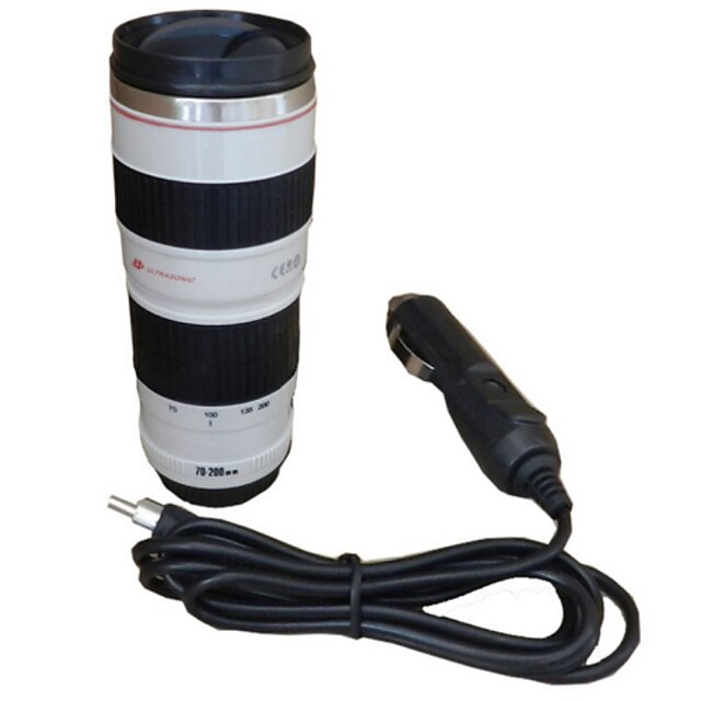  450ml Camera Lens Mug Travel Heating Cup Car Adapter Stainless Steel Liner Insulation Cup Coffee Electric Mug