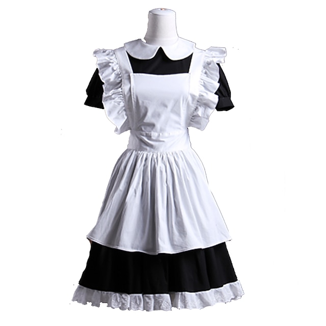  Gothic Lolita Waist Apron Dress Maid Suits Women's Girls' Cotton Japanese Cosplay Costumes White Patchwork Roll Sleeves Short Sleeve Short Length