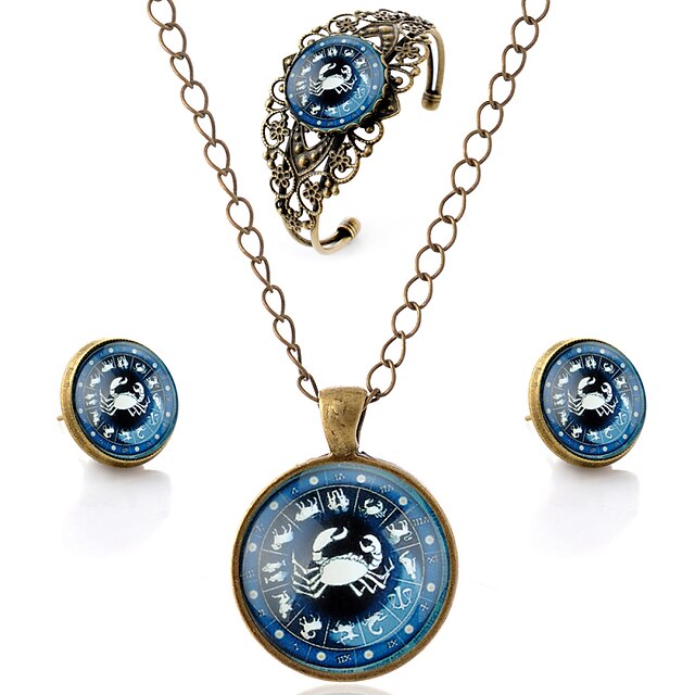  Lureme® Time Gem The Zodiac Series Vintage Cancer Pendant Necklace Stud Earrings Hollow Flower Bangle Jewelry Sets