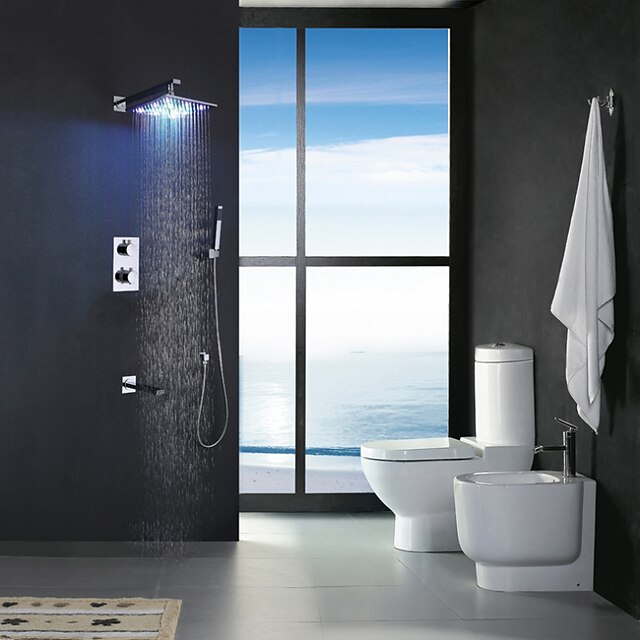  シャワー水栓 セットする - ハンドシャワーは含まれている サーモスタットタイプ LED コンテンポラリー クロム 壁式 真鍮バルブ Bath Shower Mixer Taps / 二つのハンドル5つの穴