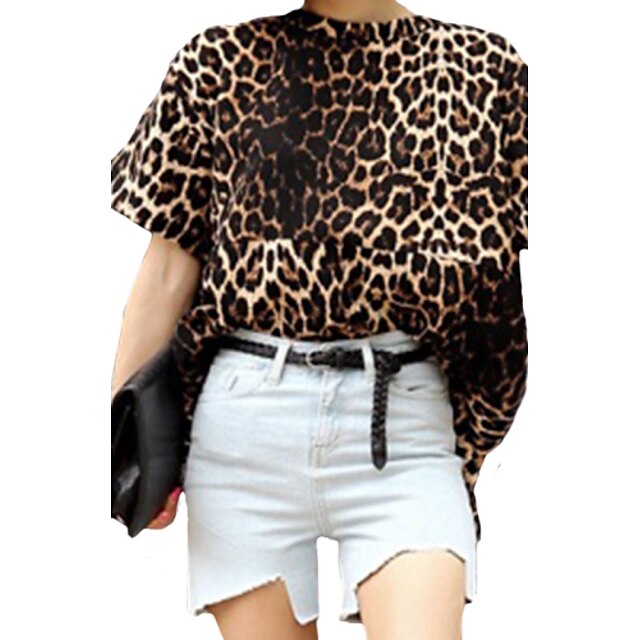  Women's Leopard Brown T-shirt,Round Neck Short Sleeve