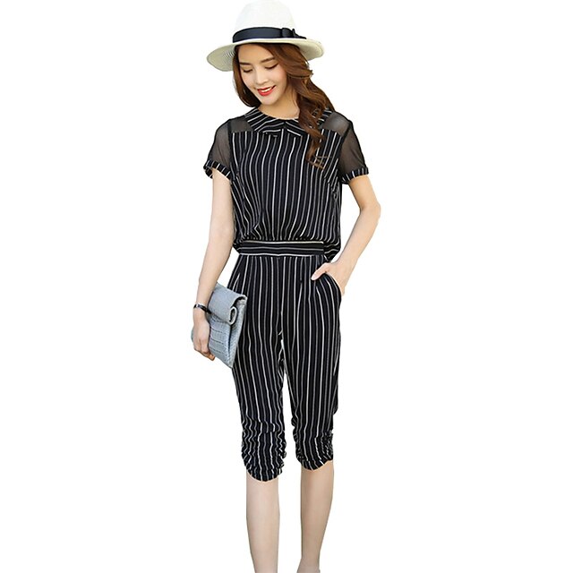  Women's Striped White / Black Jumpsuits,Casual / Day Round Neck Short Sleeve