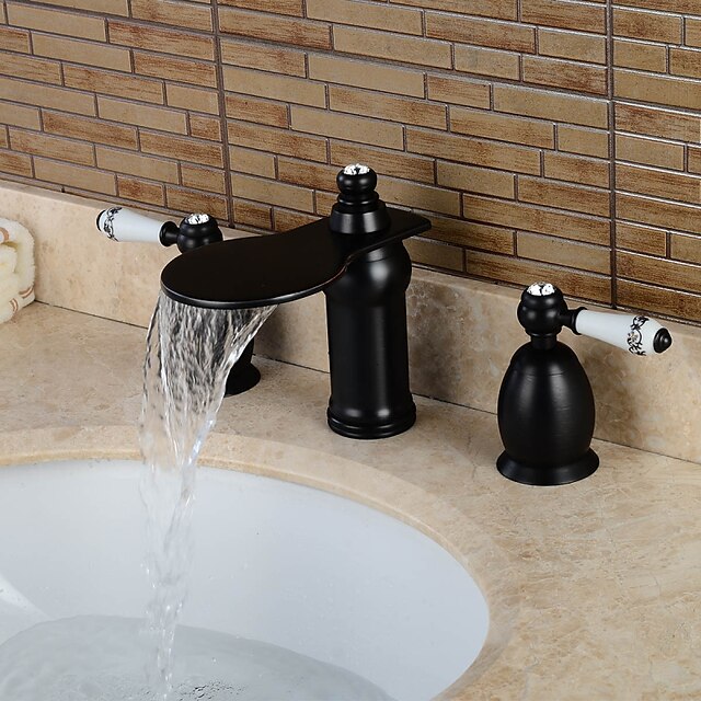  Bathroom Sink Faucet - Waterfall Oil-rubbed Bronze Widespread Two Handles Three HolesBath Taps / Brass