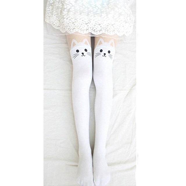  Women's Lolita Socks / Long Stockings Thigh High Socks White Black Print Cat Velvet Lolita Accessories / High Elasticity
