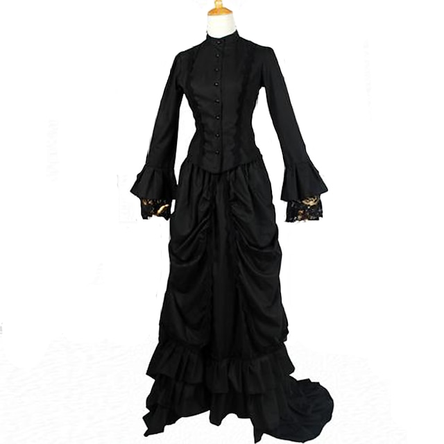  Classic Lolita Victorian Dress Maid Suits Women's Cotton Cosplay Costumes Black Solid Colored Long Sleeve Long Length / Classic Lolita Dress