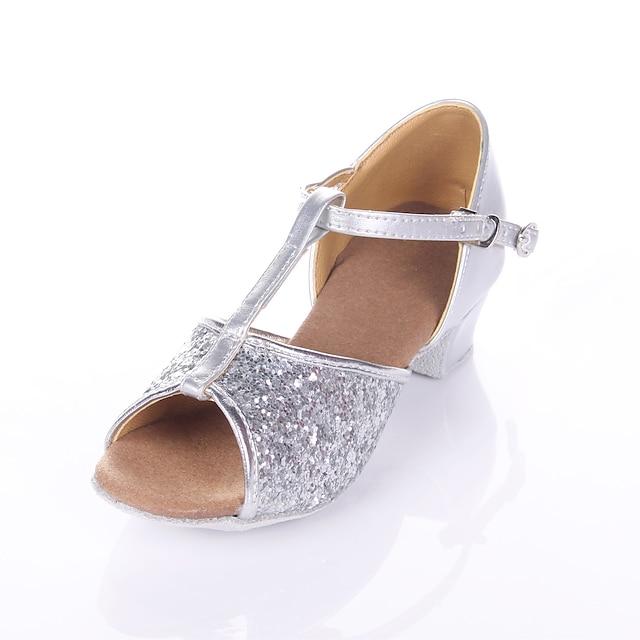  Women's Latin Shoes Ballroom Dance Shoes Salsa Shoes Sparkling Shoes Sandal Glitter Low Heel Buckle T-Strap Kid's Black Silver Gold