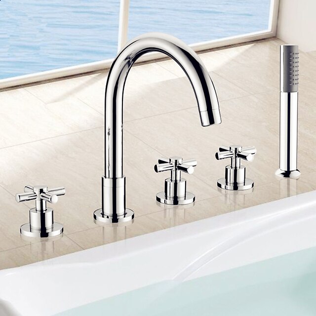  Bathtub Faucet - Contemporary Chrome Roman Tub Ceramic Valve Bath Shower Mixer Taps / Three Handles Five Holes